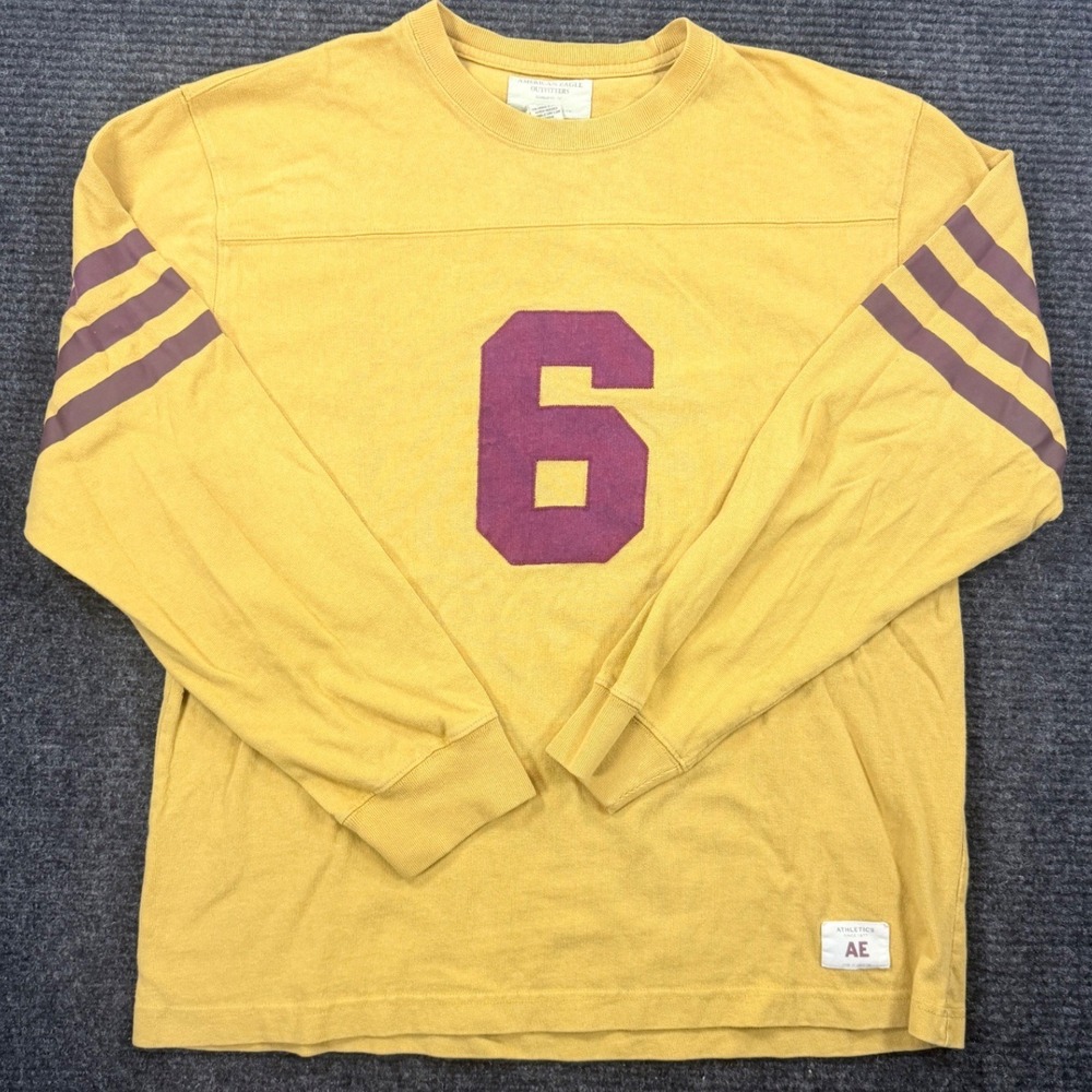 Vintage American Eagle Mens Yellow Long Sleeve Football Tee Shirt Number 6 Large